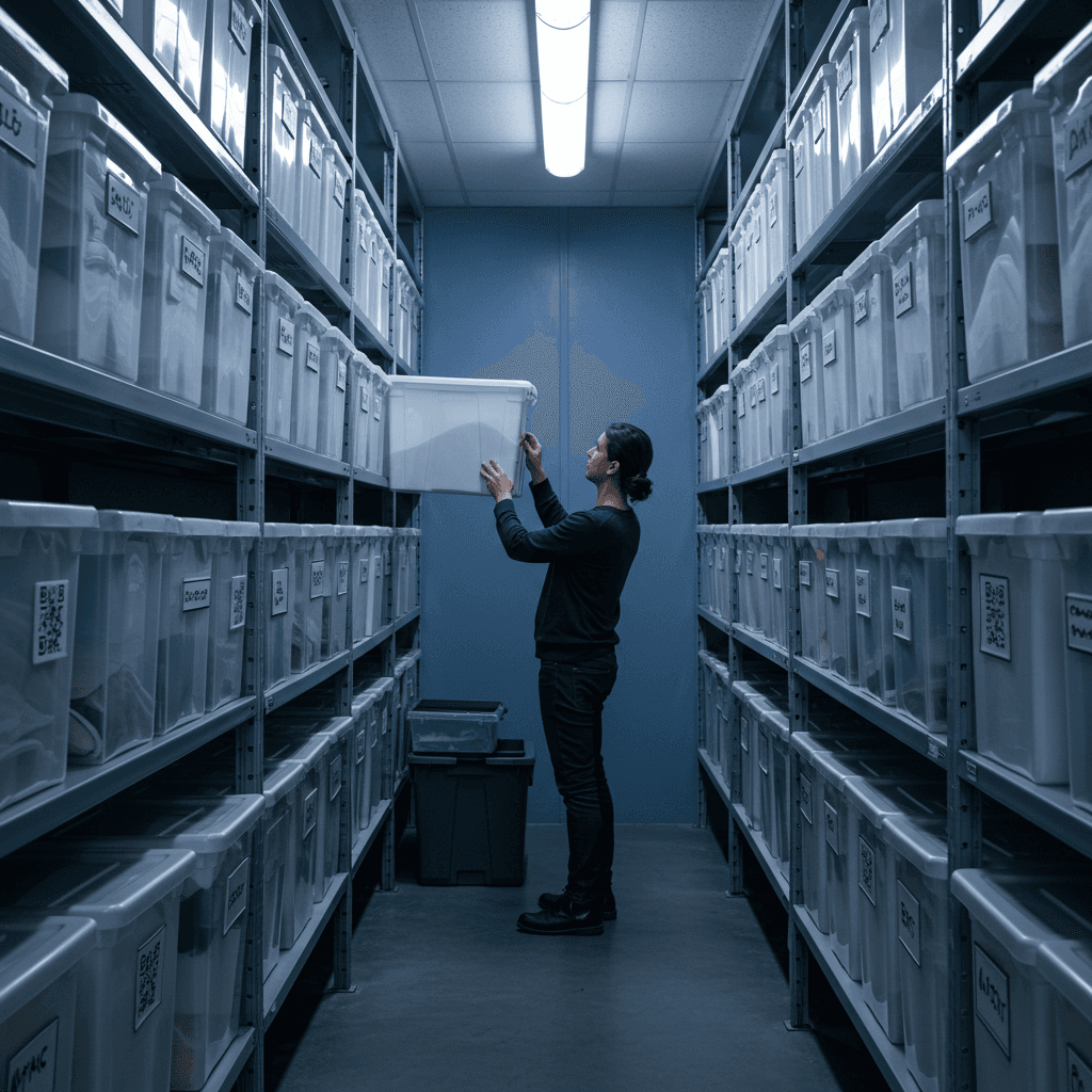 Self-storage unit interior with items cataloged and QR labels on bins