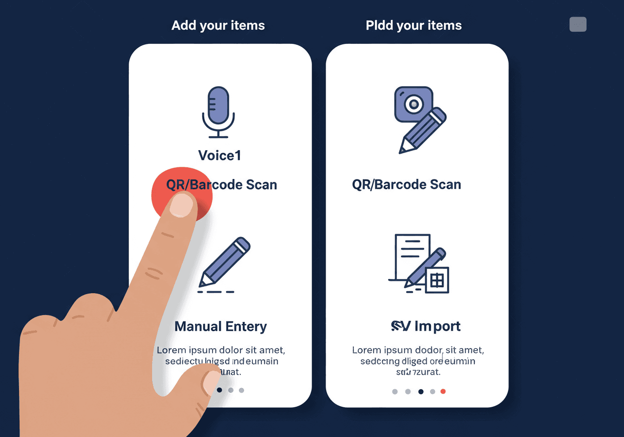 SpaceForThat item addition methods — voice, QR scan, manual, or CSV import