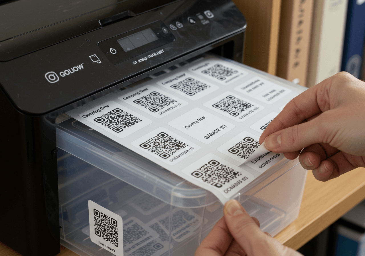 Printed QR code labels being applied to storage bins