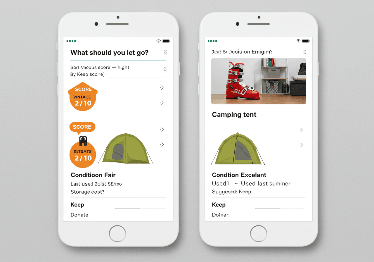 SpaceForThat Decision Engine — items ranked by keep score with donate/keep/trash suggestions